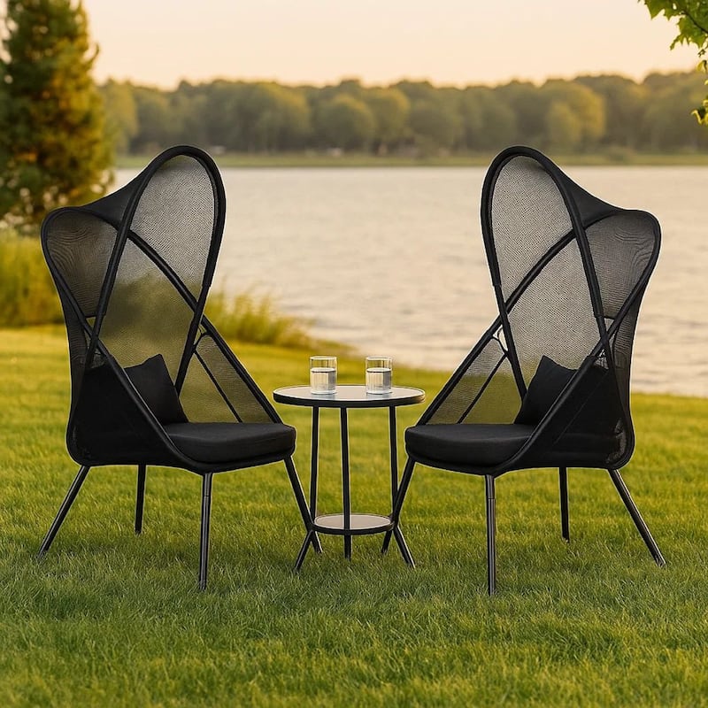 34 Inch Outdoor Foldable Chair, Set of 2, Black Fabric Seat, Steel Frame