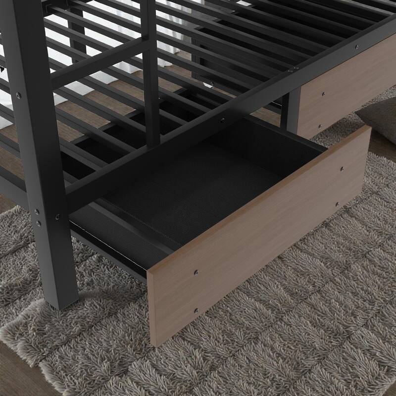 Twin/Full Metal Bunk Bed with Storage Shelves, Drawers, LED Light Strip, USB Power Outlet & Sturdy Guardrail Design