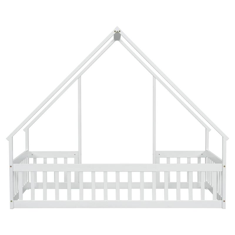 Twin Size Wood House Floor Bed with Fence and Guardrails