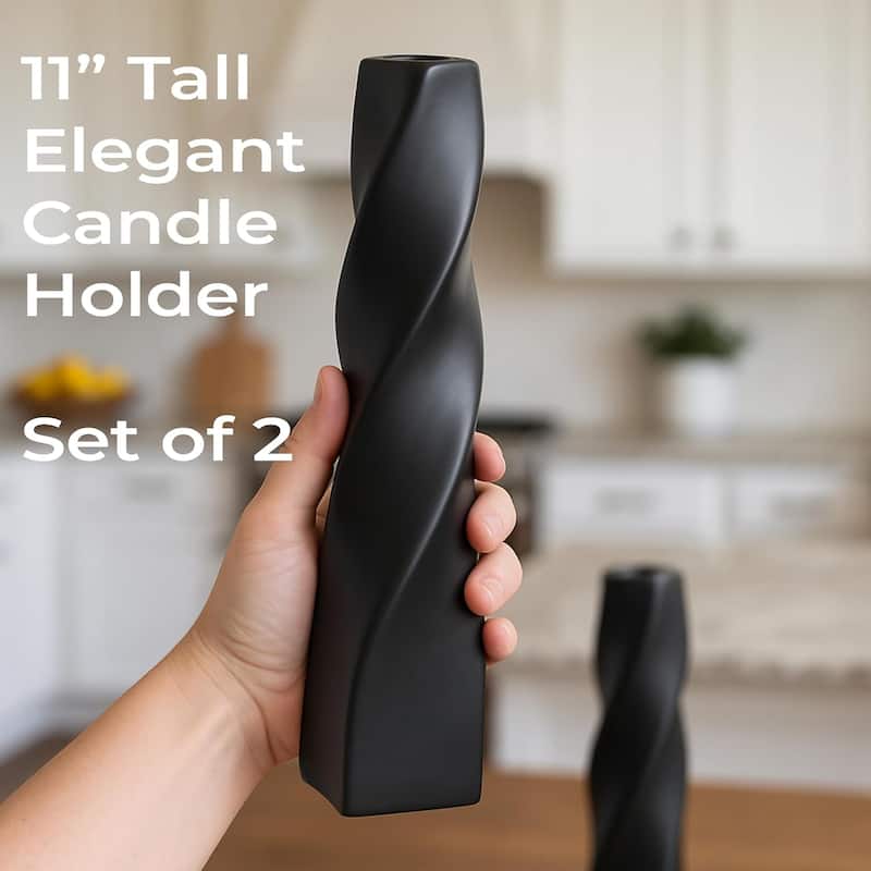 Black Tall Curvy Taper Candlesticks Set of Two Ceramic Decor