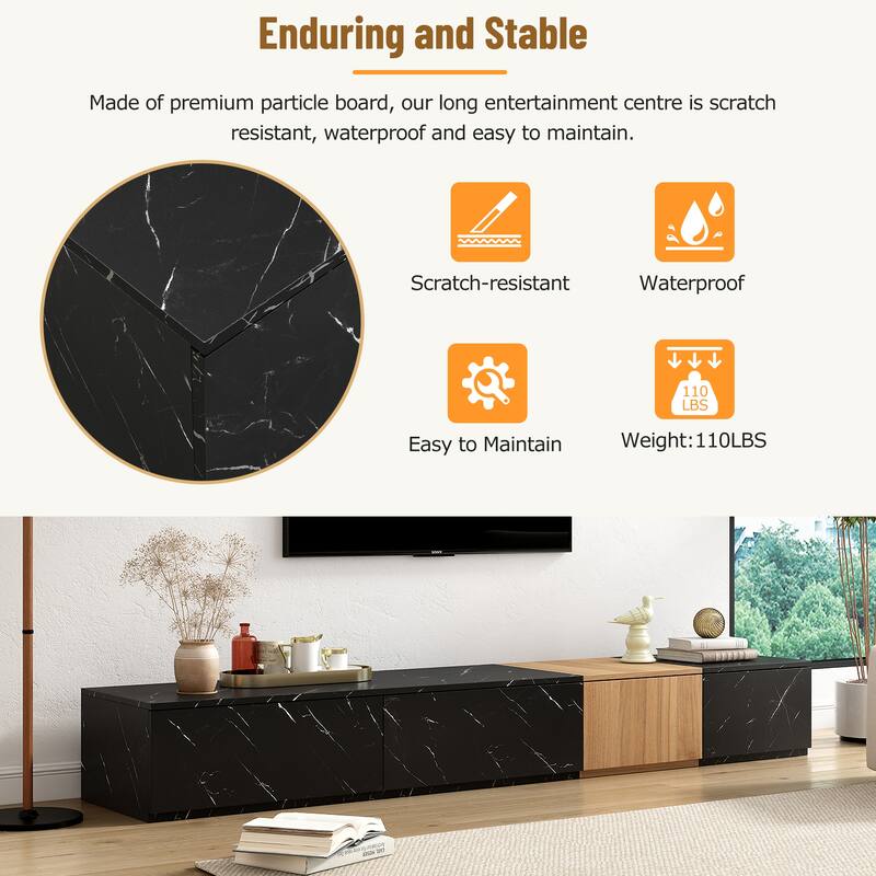 Modern TV Stand, for TVs Up to 88'' with Faux Marble and Walnut Wood Grain, 4 Storage Drawers, for Living Rooms, Black