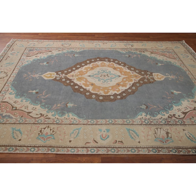 Medallion Geometric Tabriz Persian Vintage Rug Handmade Wool Carpet - 6'6" x 9'6"
