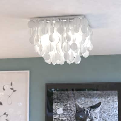 Elsa 16-in W Satin Nickel Capiz Shell Coastal Flush Mount Ceiling Light Fixture - 16-in W x 11.5-in H x 16-in D