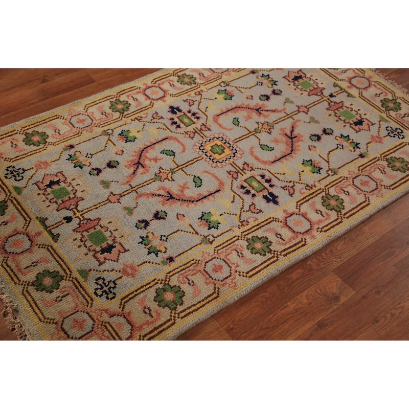 Transitional Beige Oushak Indian Foyer Rug Hand-Knotted Wool Carpet - 2'11"x 5'0"