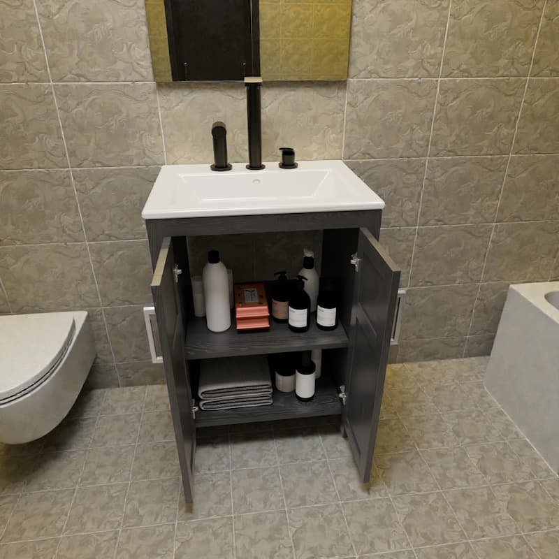 24 Inch Bathroom Vanity with Sink, Black Vanity Cabinet with White Ceramic Sink, Faucet and Pop-Up Drain Set