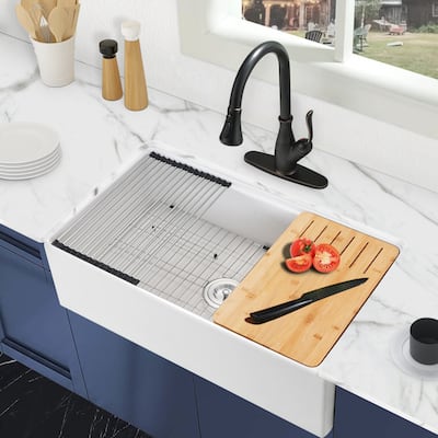 PROOX 30" W X 20" D Apron-front Farmhouse Fireclay Kitchen Sink with Accessories - 30" W X 20" D