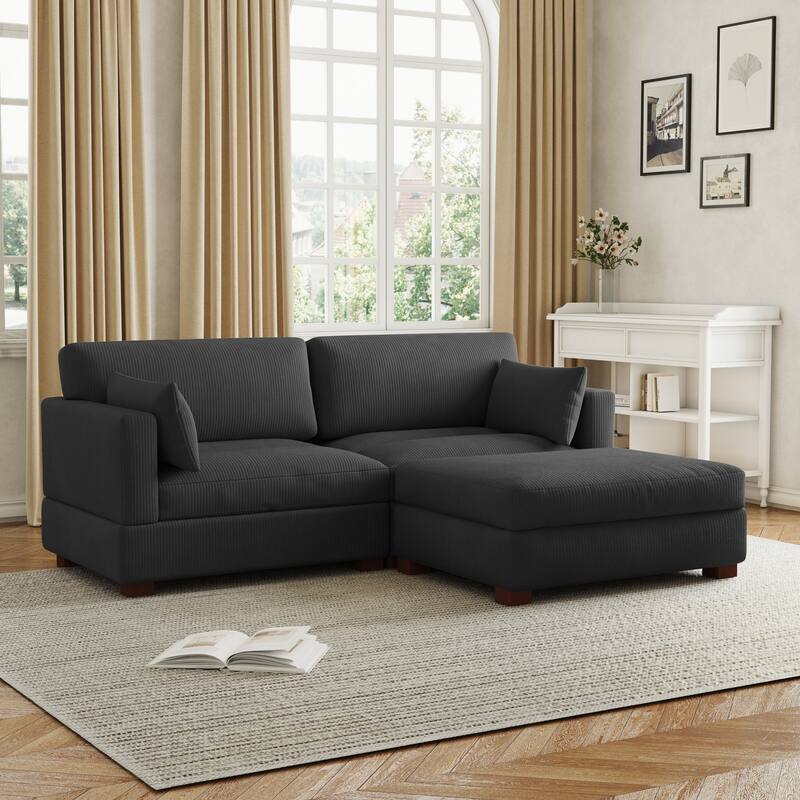 85in.W Corduroy Modular 3-Piece L-Shaped Sectional Sofa with Ottoman
