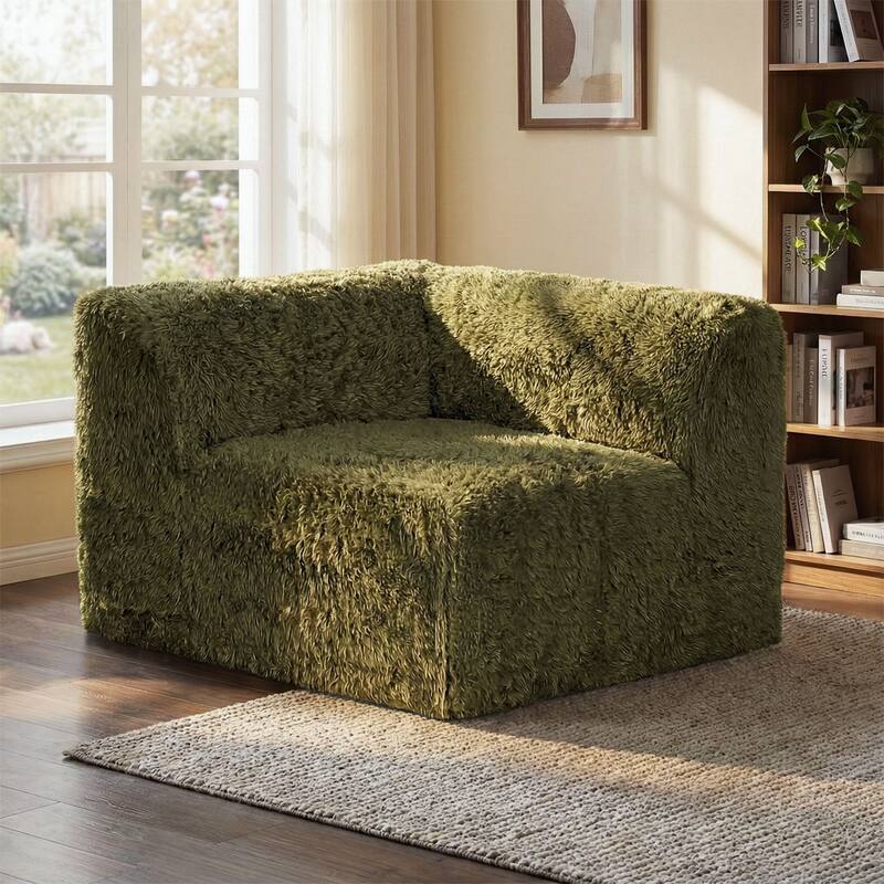 Furniture of America Ylena Modern Faux Fur Foam Modular Compressed Sofa Chair - With Arm - Olive Green