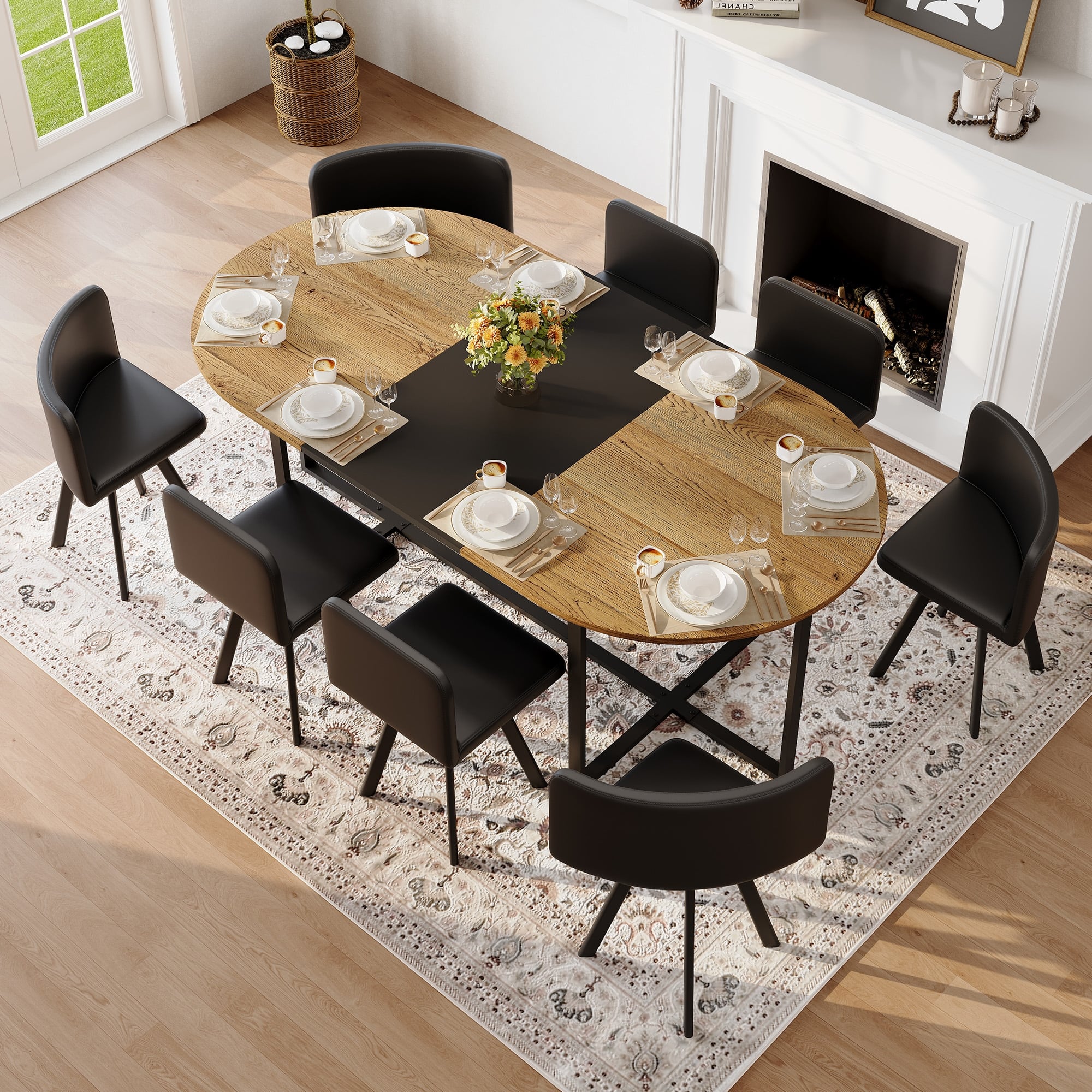 9-Piece Oval Dining Table Set with 8 Black PU Leather Chairs