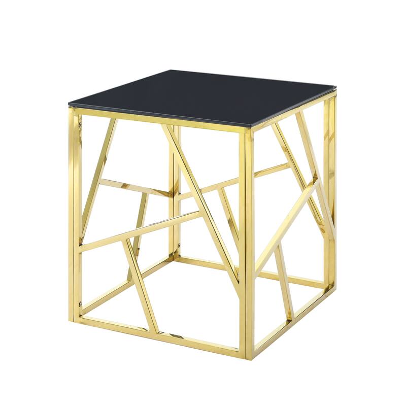 20 Inch Modern Glass Corner End Table with Geometric Metal Frame, Accent Table Nightstand Furniture