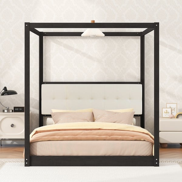 slide 2 of 8, King Size Wooden Canopy Platform Bed with Upholstered Headboard Espresso