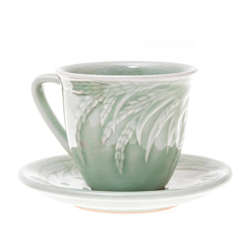 Handmade Waving Grains Ceramic cup and saucer set (Thailand)