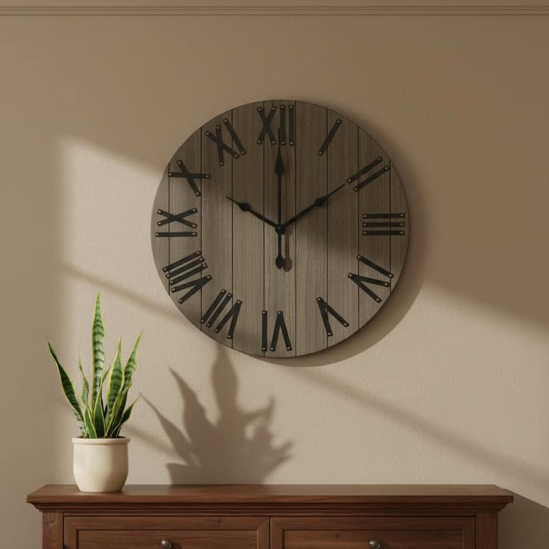 HomeRoots 21" Gray And Black Rustic Wood Silent Analog Round Wall Clock - 21.01 in. x 21.01 in. x 1.13 in. - 21.01 in. x 21.01 in. x 1.13 in.
