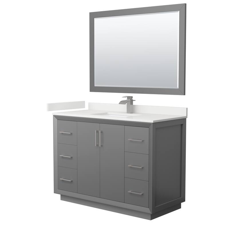Strada 48-inch Single Vanity, Quartz Top, 46-inch Mirror - Dark Gray, Nickel Trim, White Quartz Top