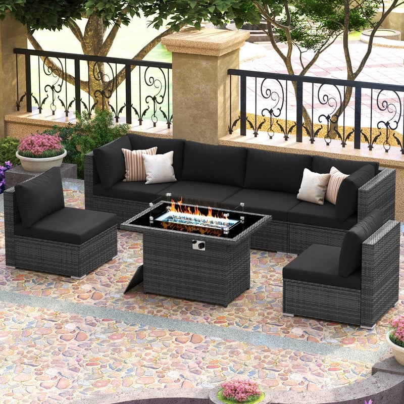 7 Piece High Back Outdoor Sectional Wicker Patio Conversation Set with 43'' Fire Pit Table