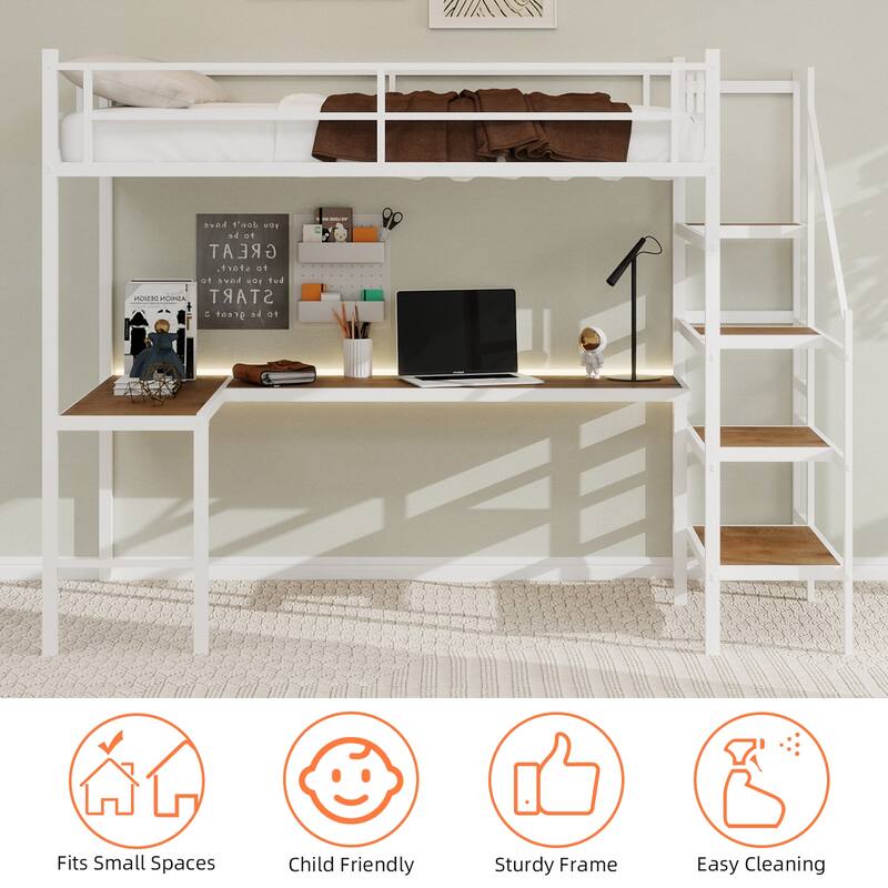 Loft bed with L-shaped desk sturdy bed frame with stairs