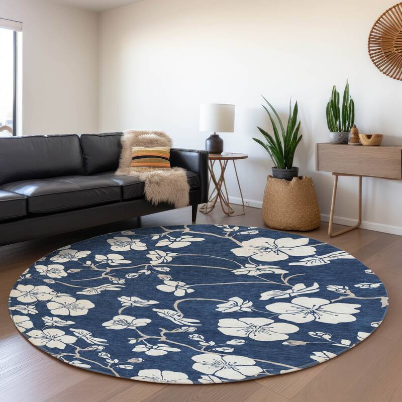 Premium Washable Super Soft Modern Floral Mayfield Rug - Navy - 8' x 8'