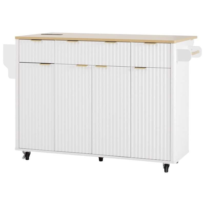 Fluted 55.5" Kitchen Island with Drop Leaf, Rolling Island Table with Drawers, Power Outlet for Functional Kitchen Organization