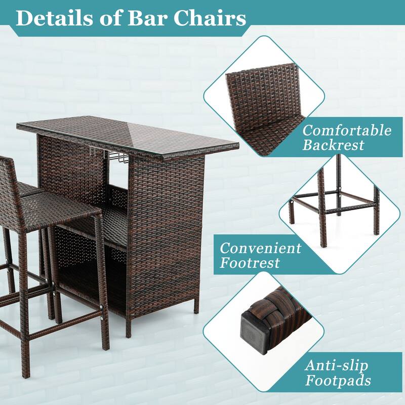 Gymax 3PCS Wicker Bar Set Height Table 2 Stools w/3 Rows Stemware
