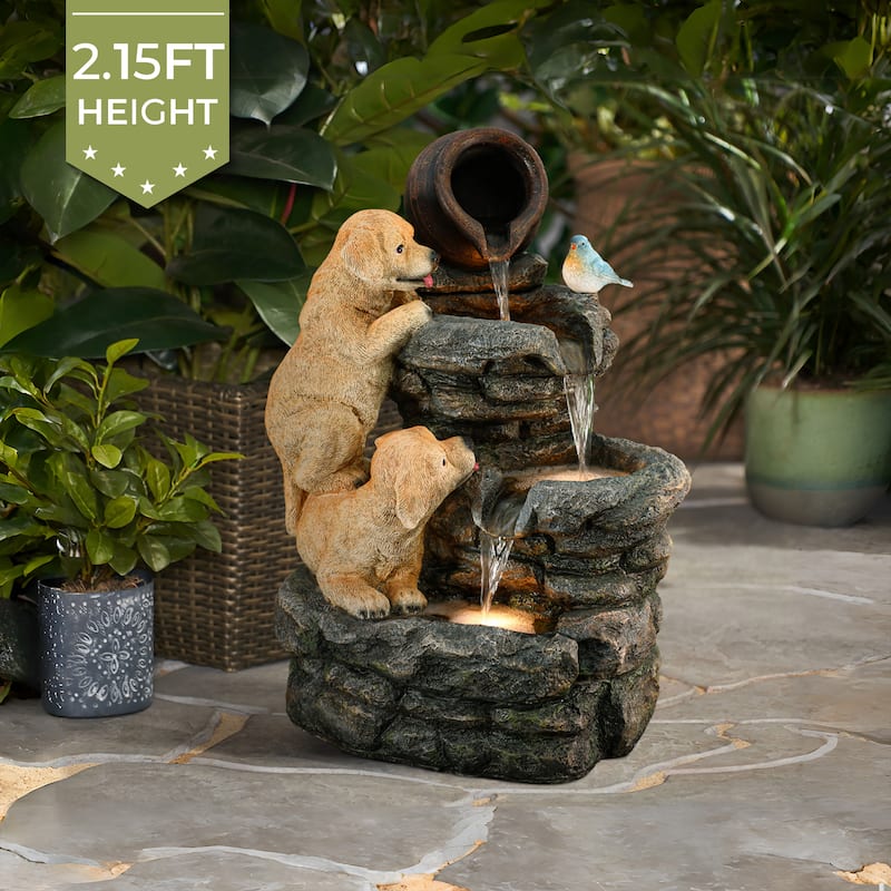 Puppy Rock Tower Farmhouse Resin Outdoor Fountain with Lights