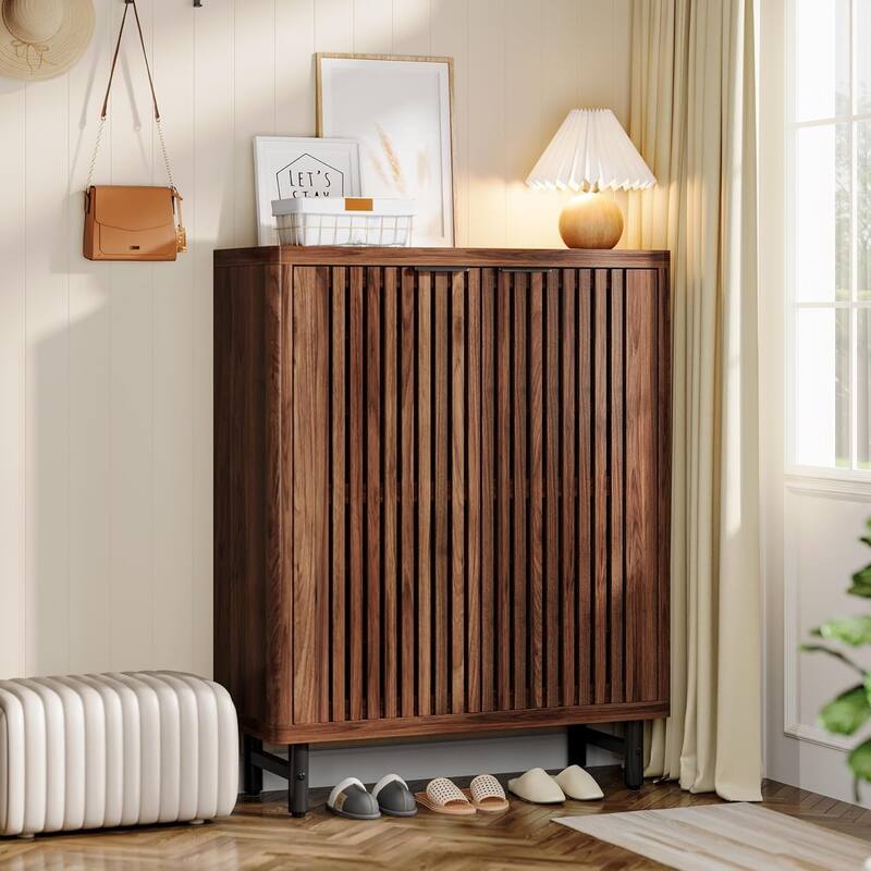 6-Tier Shoe Cabinet with Shutter Doors Adjustable Shelves Wooden Storage Cabinet for Entryway/Hallway/Closet/Living Room