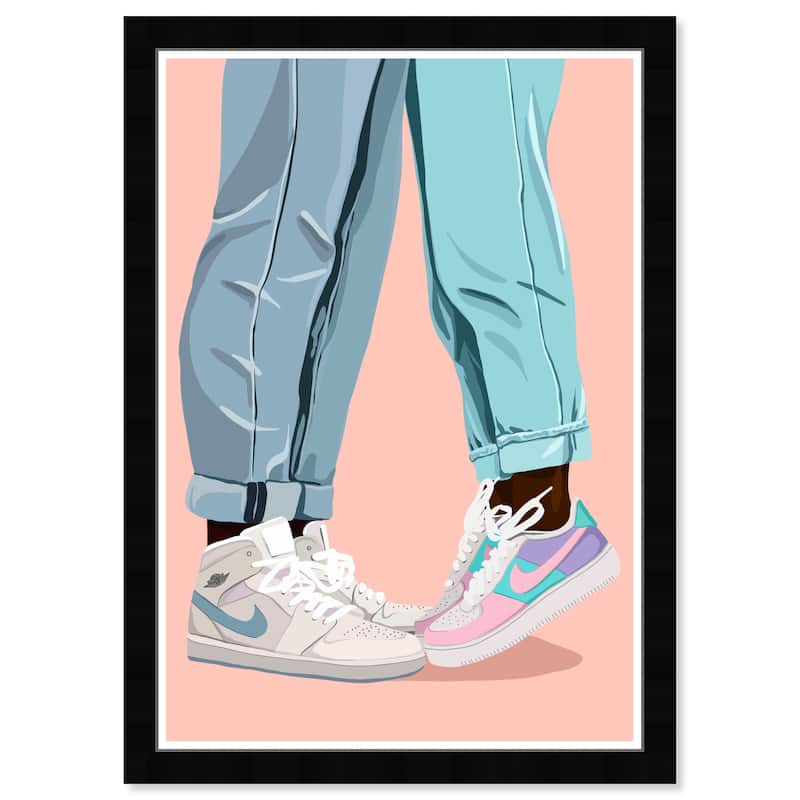 Wynwood Studio 'Sneaker Head Couple' Fashion and Glam Wall Art Framed Print Shoes - Pink, Blue