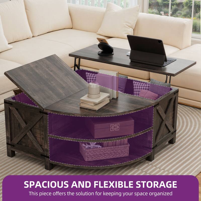 Moasis Lift Top Coffee Table with Storage Shelves, Quarter Circle Center Table for Living Room