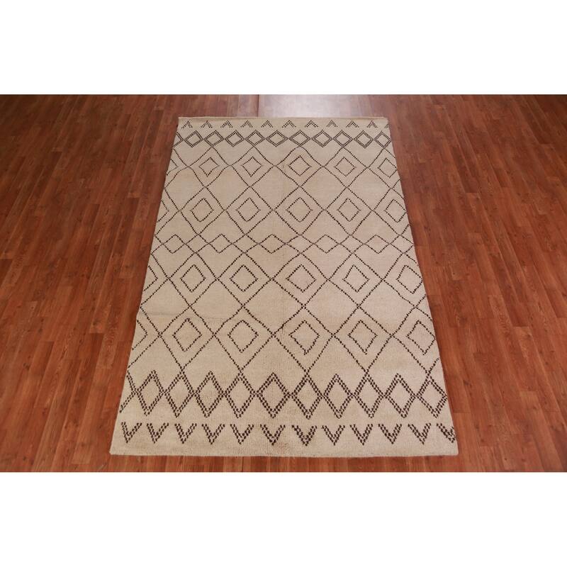 Hand Knotted Oriental 100% Wool Carpet Modern Geometric Beige & Ivories Moroccan Area Rug - 8' 0'' X 5' 0''