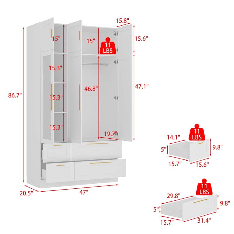 Modern White Wardrobe Closet with Mirror - Multi-Functional Bedroom Storage Cabinet