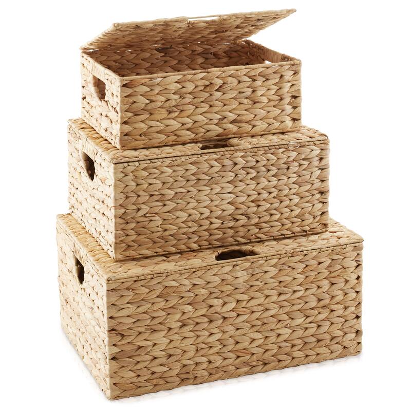 Water Hyacinth Rectangular Storage Baskets with Lids Nesting Basket