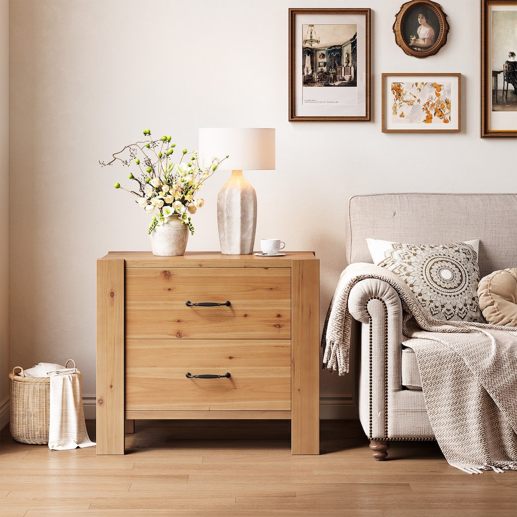 2 Drawer Solid Wood Nightstand Bedside Table with Storage