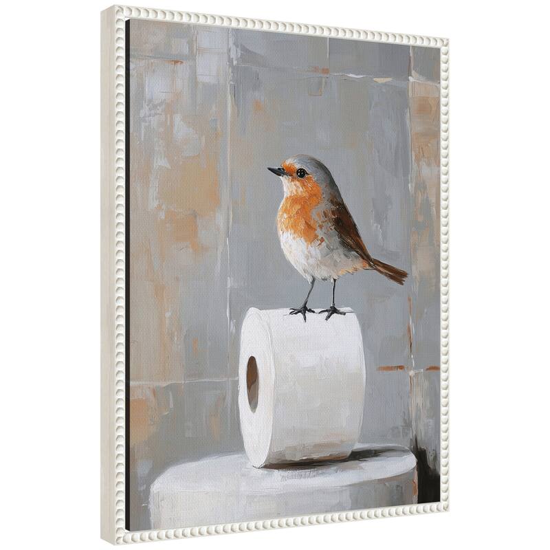 Kate and Laurel Sylvie Bird Standing on Toilet Paper Roll Toilet Bathroom Art Framed Canvas by The Creative Bunch Studio - 18x24