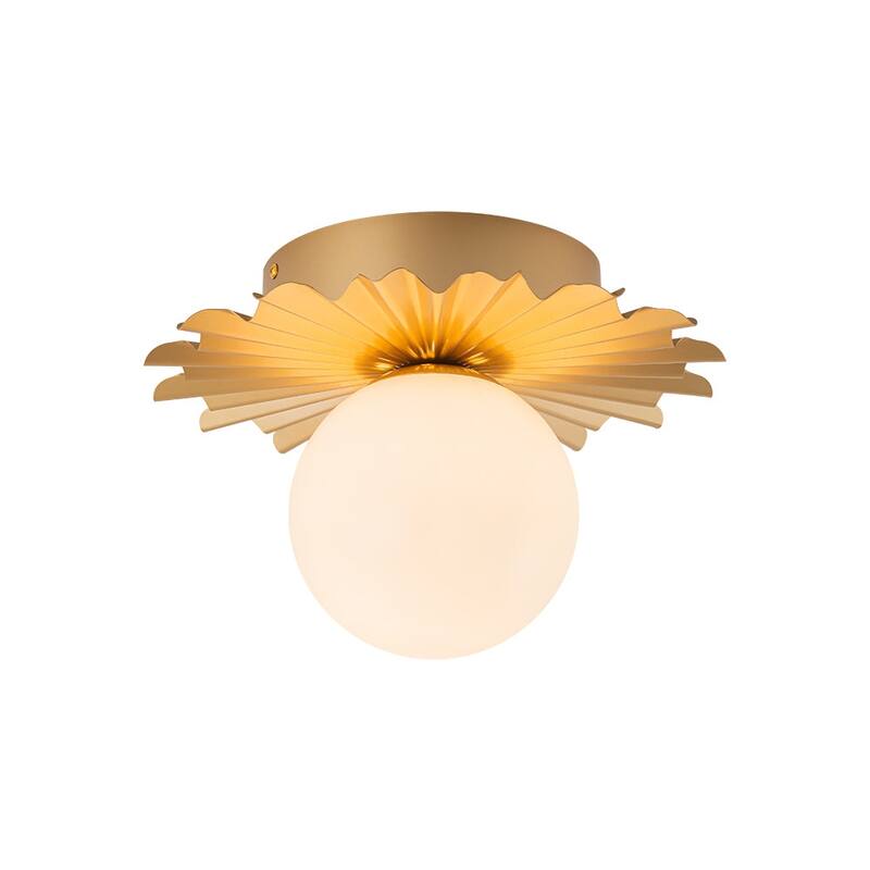 Art Deco Gold Sunburst 1-Light Milky Glass Globe Semi Flush Mount