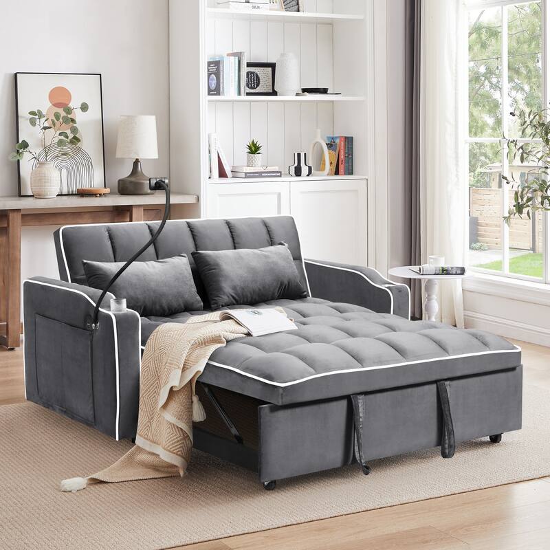 Adjustable Back Sofa Bed - 3 Lengths, USB Charging Port, and Swivel Phone Stand - Dark Grey