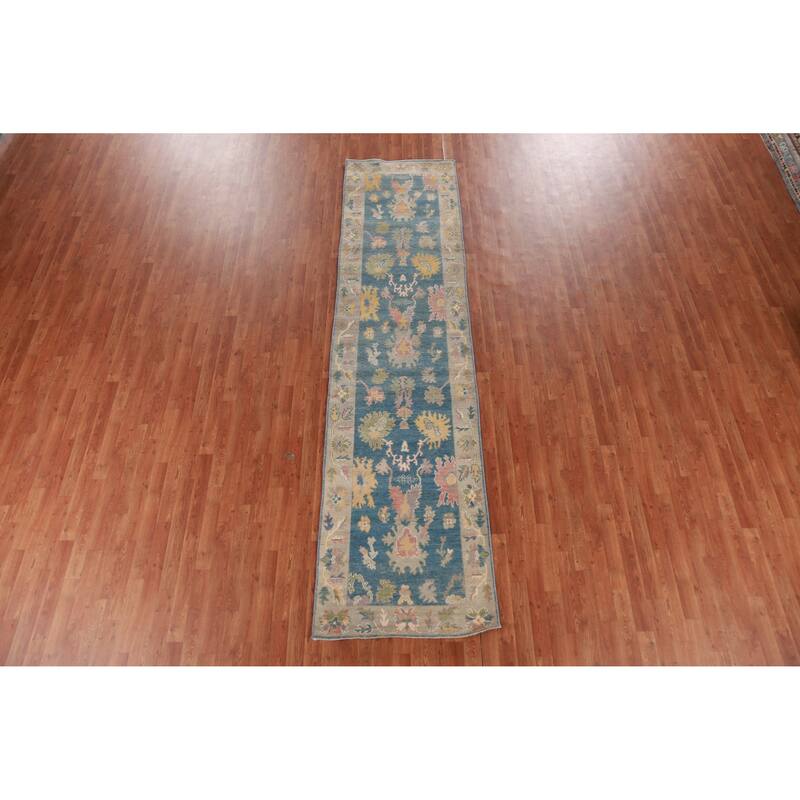 Hand Knotted Oriental 100% Wool Carpet Transitional Floral Navy Blue & Blues Oushak Runner Rug - 11' 7'' X 2' 10''