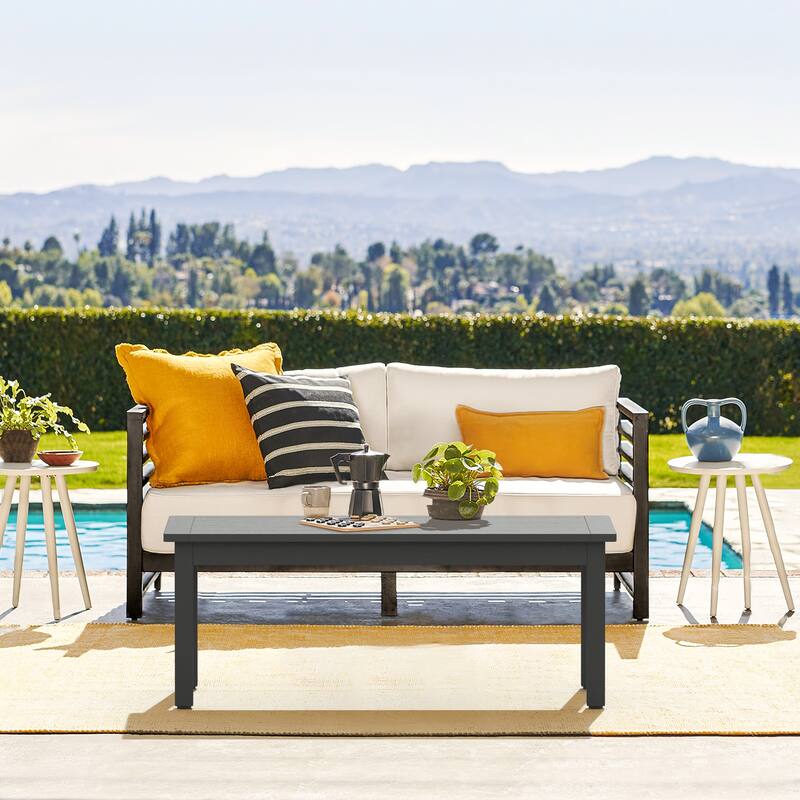 Outdoor HDPS Coffee Table With Fine Straight Texture - 44.1" W X 23.6" D X 17.3" H - Dark grey