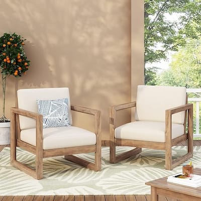Roomfitters Set of 2 Outdoor Acacia Wood Club Chairs with Waterproof Cushions, Deep Seating for Patio or Porch, Brown+Beige