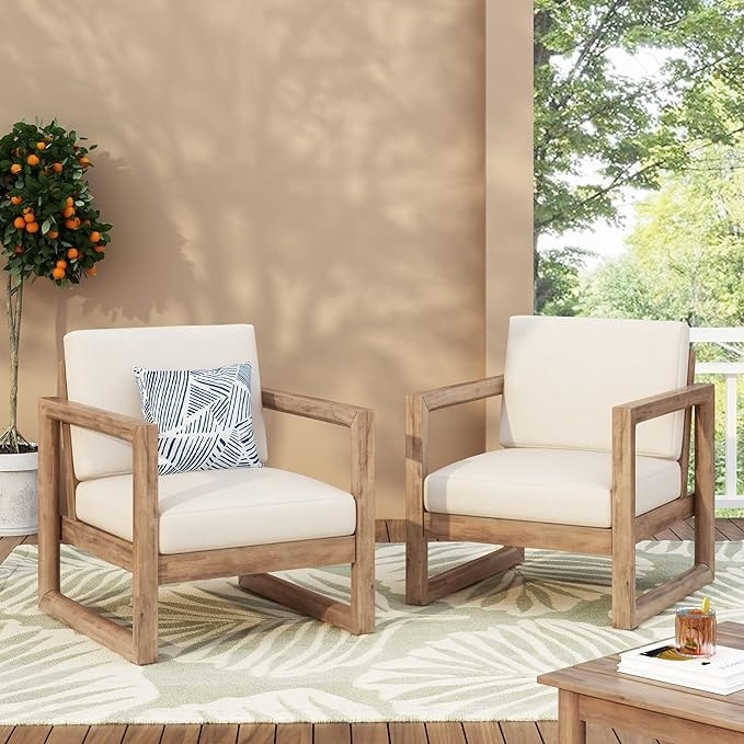 Set of 2 Acacia Wood Patio Club Chairs with Water-Resistant Cushions for Outdoor Spaces