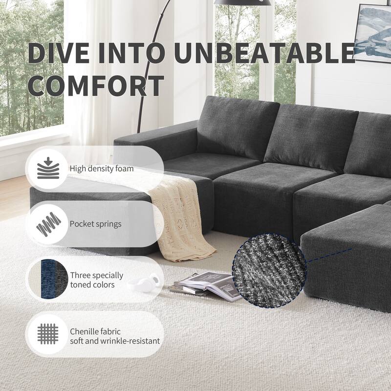 Modular U Shaped Sectional Sofa, Cloud Chenille Sectional Couch