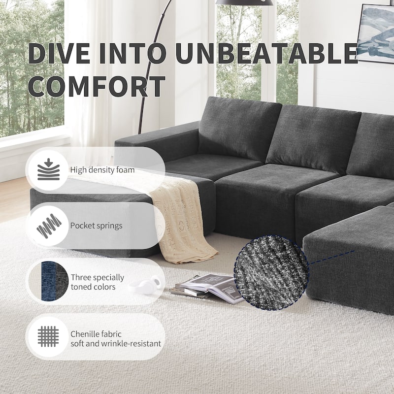 Modular U-Shaped Sectional Sofa with 2 Ottomans, Chenille Cloud Floor Couch, Fully Compressed Upholstered Sofa