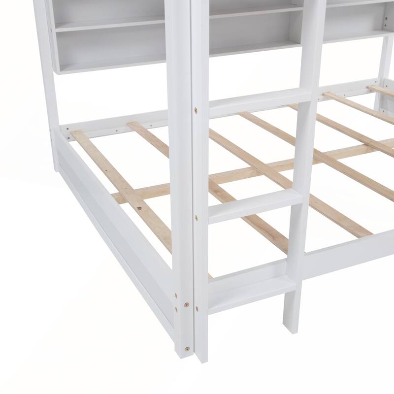 Queen Over Queen Bunk Bed with Built-in Storage Cabinets and Charging Station