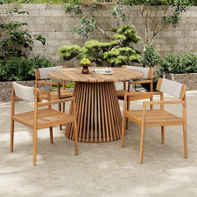 5 Pieces Patio Set Outdoor Acacia Wood Furniture Sets- Braided Dining Chairs Leisure Sets with Patio Dining Table