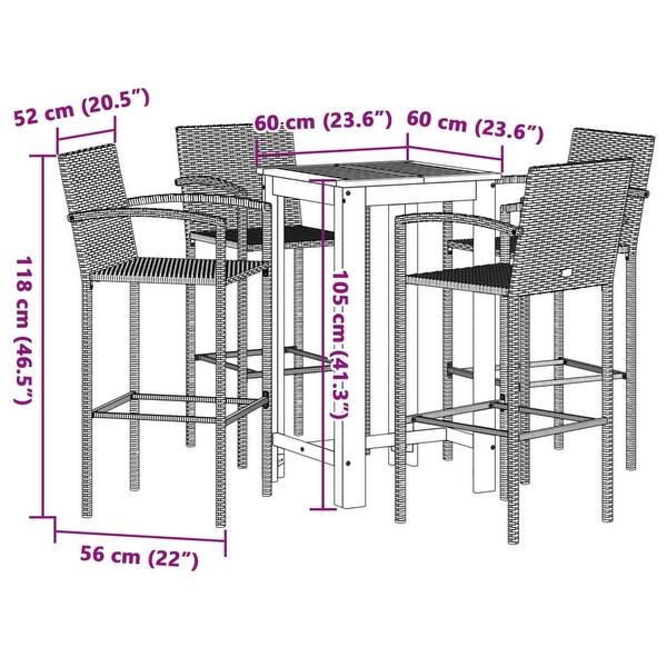 dimension image slide 7 of 9, vidaXL 5 Piece Patio Bar Set Gray Solid Wood Acacia and Poly Rattan - 23.6" x 23.6" x 41.3"