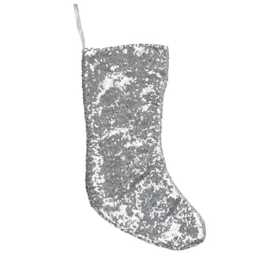 17.5" White and Silver Sequins Hanging Christmas Stocking