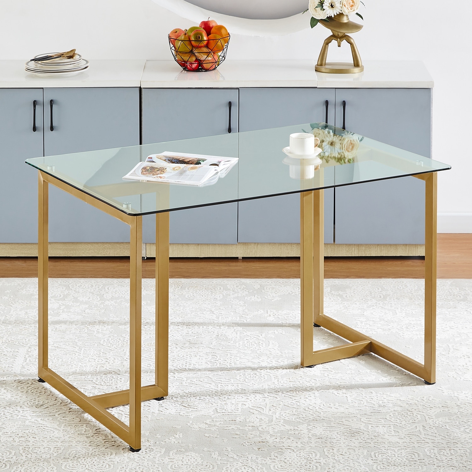 Rectangle Tempered Clear Glass Table Top With Golden Metal Legs Dining Room 47.2x31.5x29.7