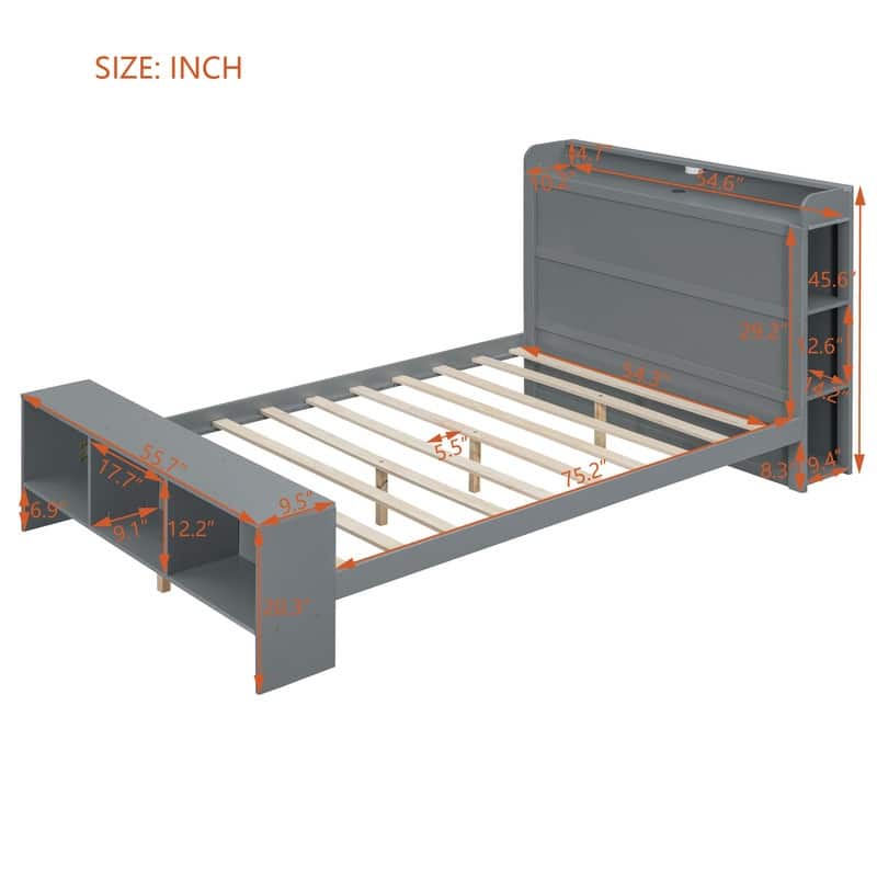 Platform Bed with Built-in Shelves,LED Light and USB Ports,Full/Twin Size