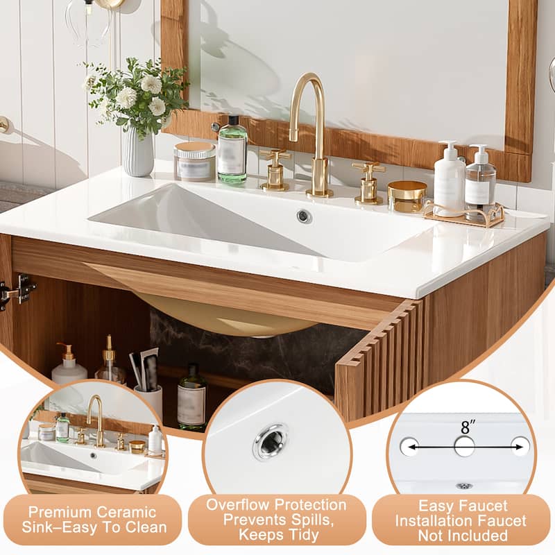 GDFStudio - Eleanor Traditional Wood Grain Bathroom Vanity with U-Shaped Adjustable Shelf, Ceramic Sink & Soft-Close Doors