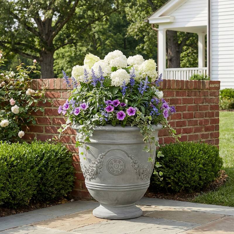 Christopher Knight Home - Jinni Classical 18.11"H Outdoor Pedestal Urn Planter with Garland-Carved Design - Gray