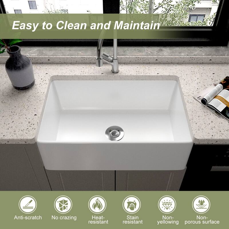 HOROW 30 in. White Fireclay Apron-Front Kitchen Sink, Single Bowl Design with Grid and Strainer