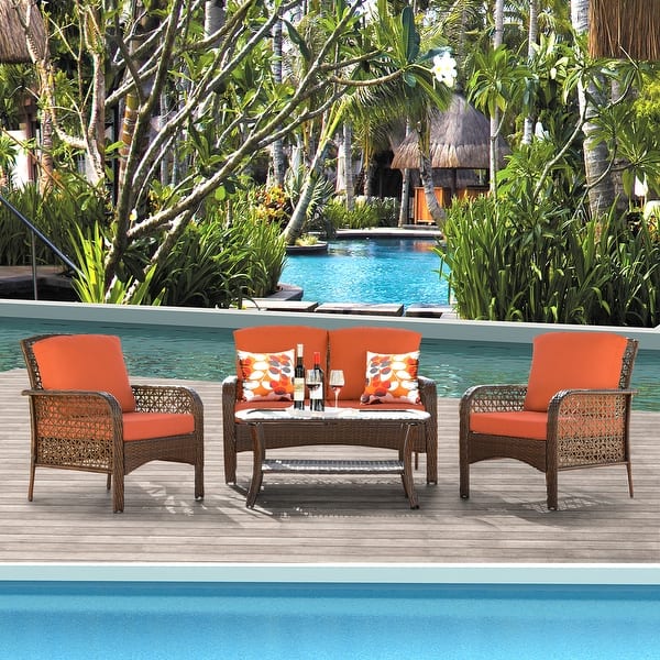Shop Ovios 4 Piece Water Resistant Wicker Deep Seating Outdoor Sofa Set Overstock 29258382